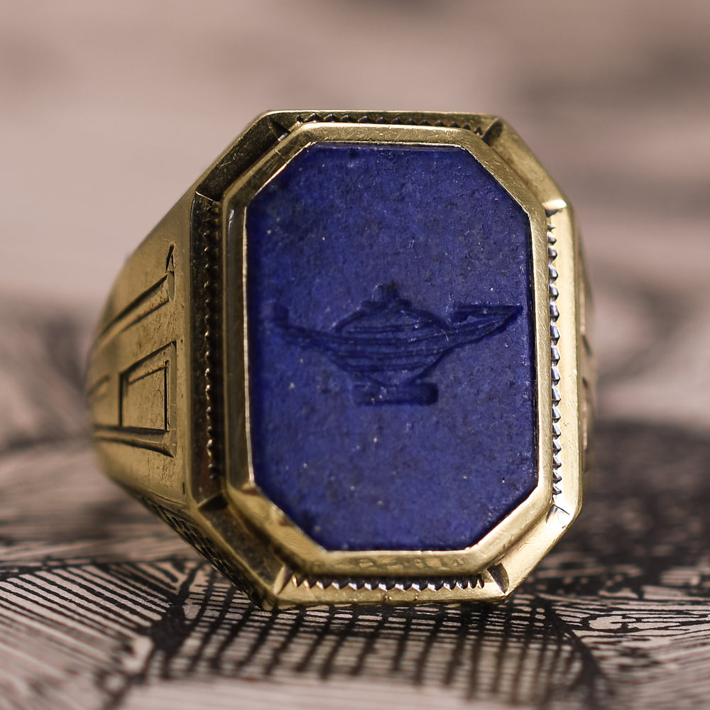 Art Deco Lapis Lazuli Genie's Lamp Signet Ring