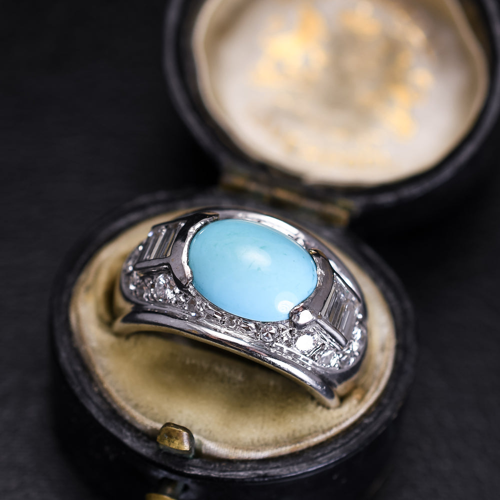 French Art Deco Turquoise & Diamond Bombé Ring