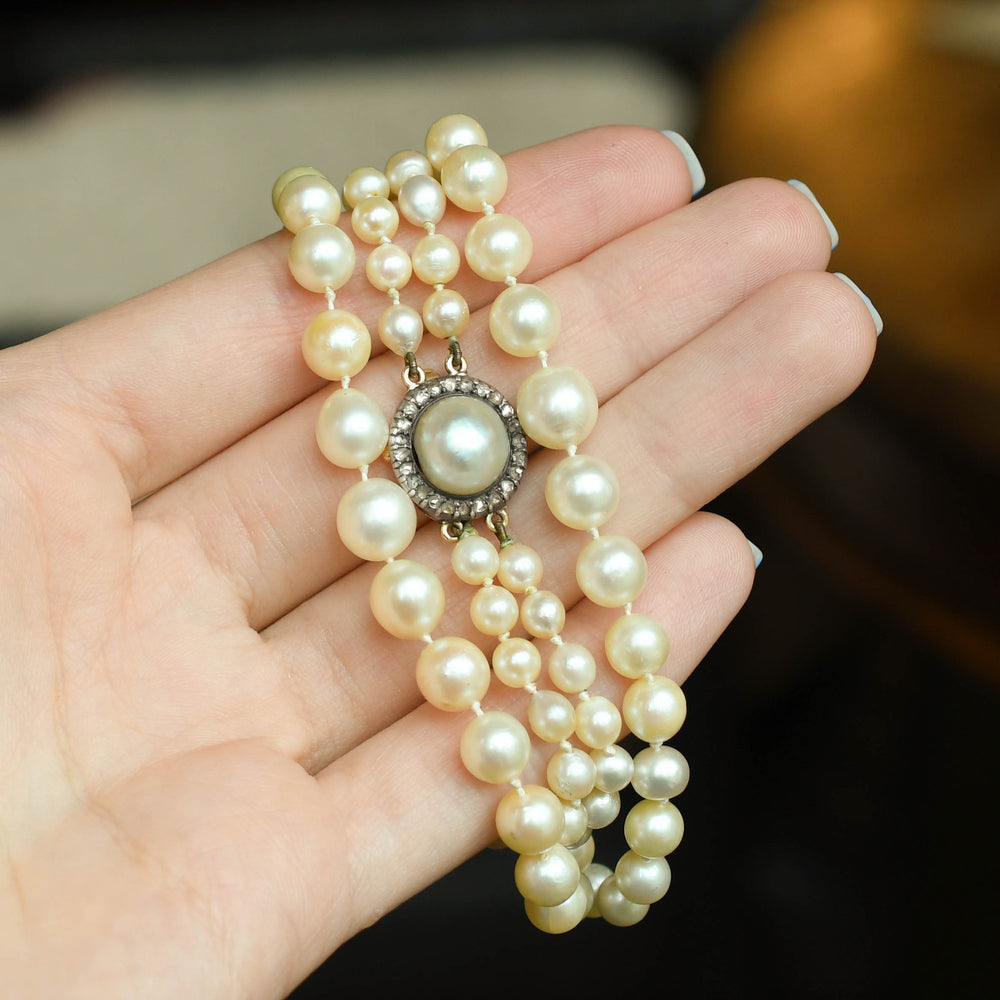 Antique Cultured Pearl Necklace with Diamond Cluster Clasp
