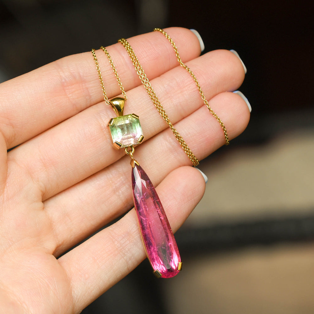Watermelon Tourmaline & Pink Topaz Drop Pendant Necklace