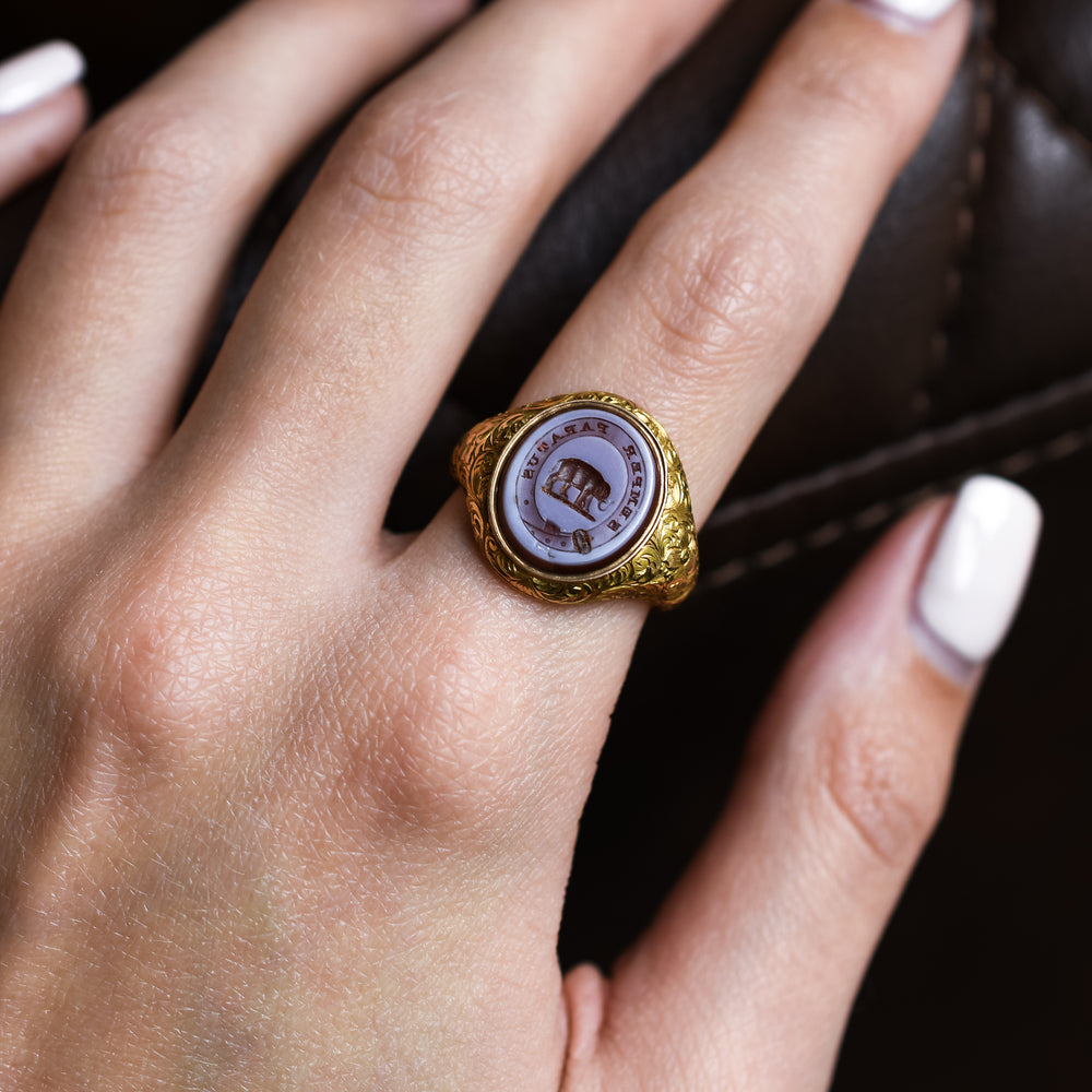 Victorian Elephant SEMPER PARITUS Intaglio Signet Ring