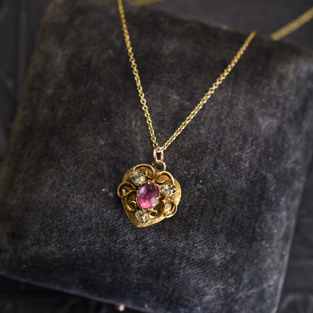 Georgian Pink Topaz & Chrysolite Heart Pendant