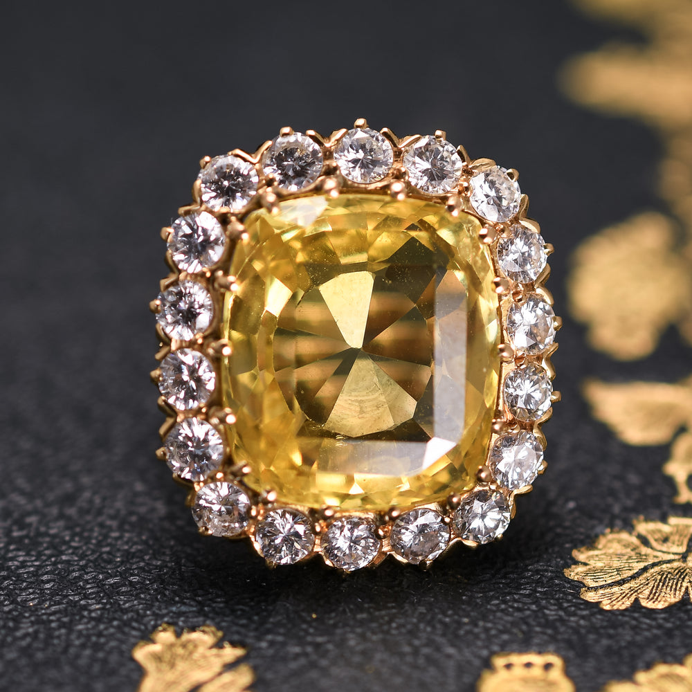 Vintage 19.6 Carat Yellow Sapphire & Diamond Cluster Ring