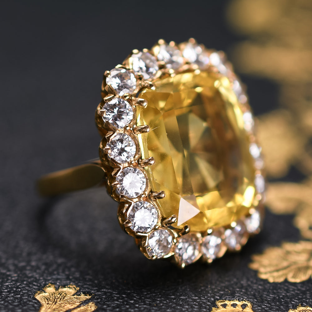 Vintage 19.6 Carat Yellow Sapphire & Diamond Cluster Ring