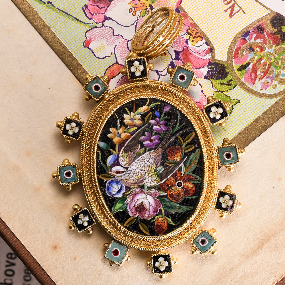 Victorian Etruscan Revival Swallow & Flowers Micromosaic Pendant