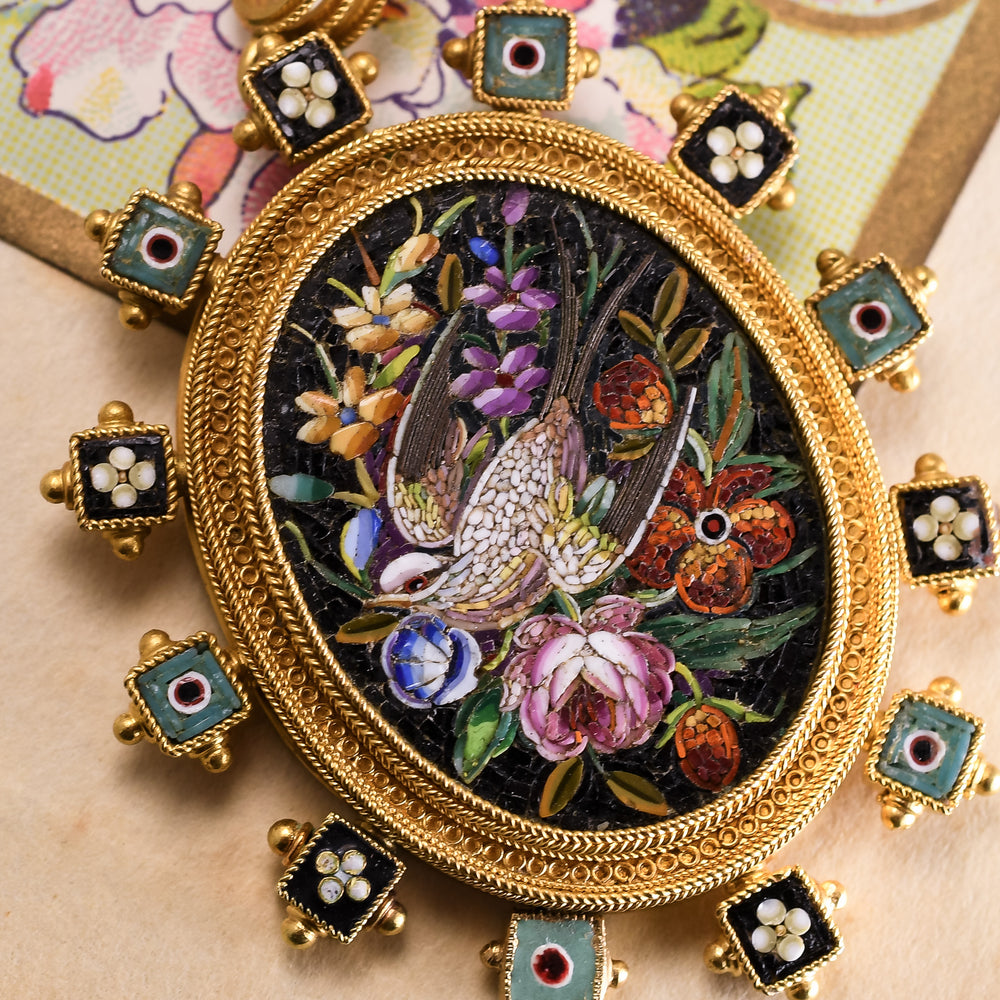 Victorian Etruscan Revival Swallow & Flowers Micromosaic Pendant