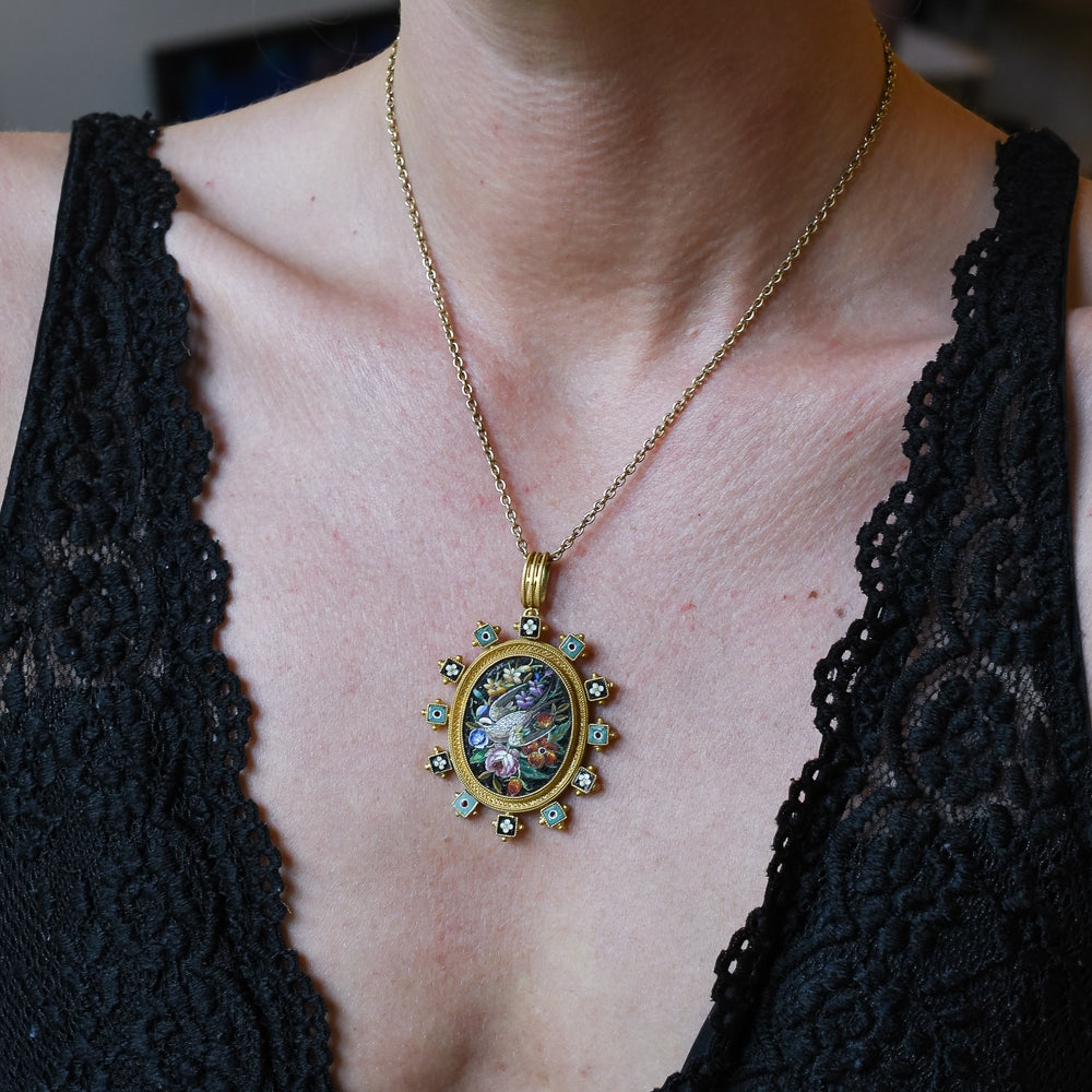 Victorian Etruscan Revival Swallow & Flowers Micromosaic Pendant