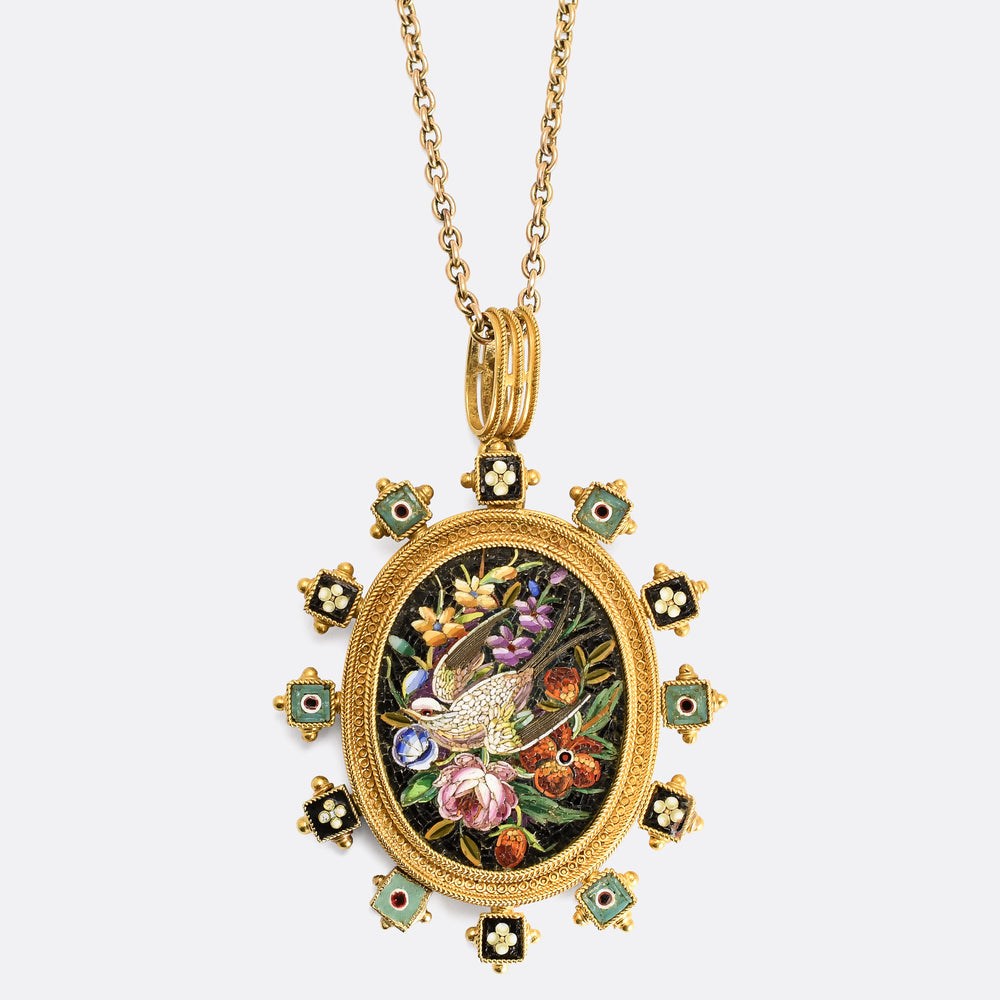 Victorian Etruscan Revival Swallow & Flowers Micromosaic Pendant