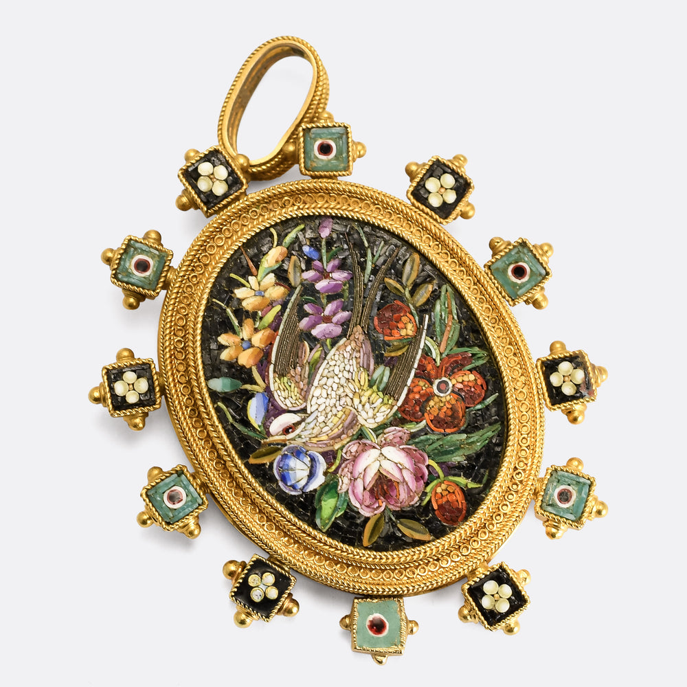 Victorian Etruscan Revival Swallow & Flowers Micromosaic Pendant