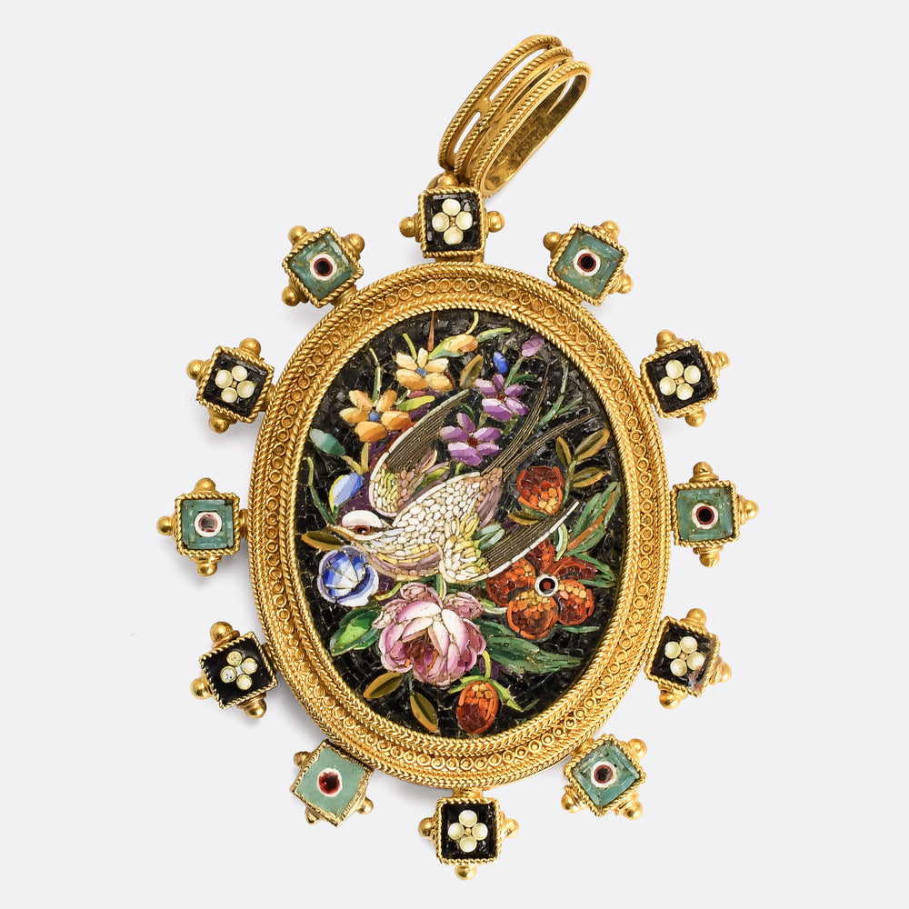 Victorian Etruscan Revival Swallow & Flowers Micromosaic Pendant