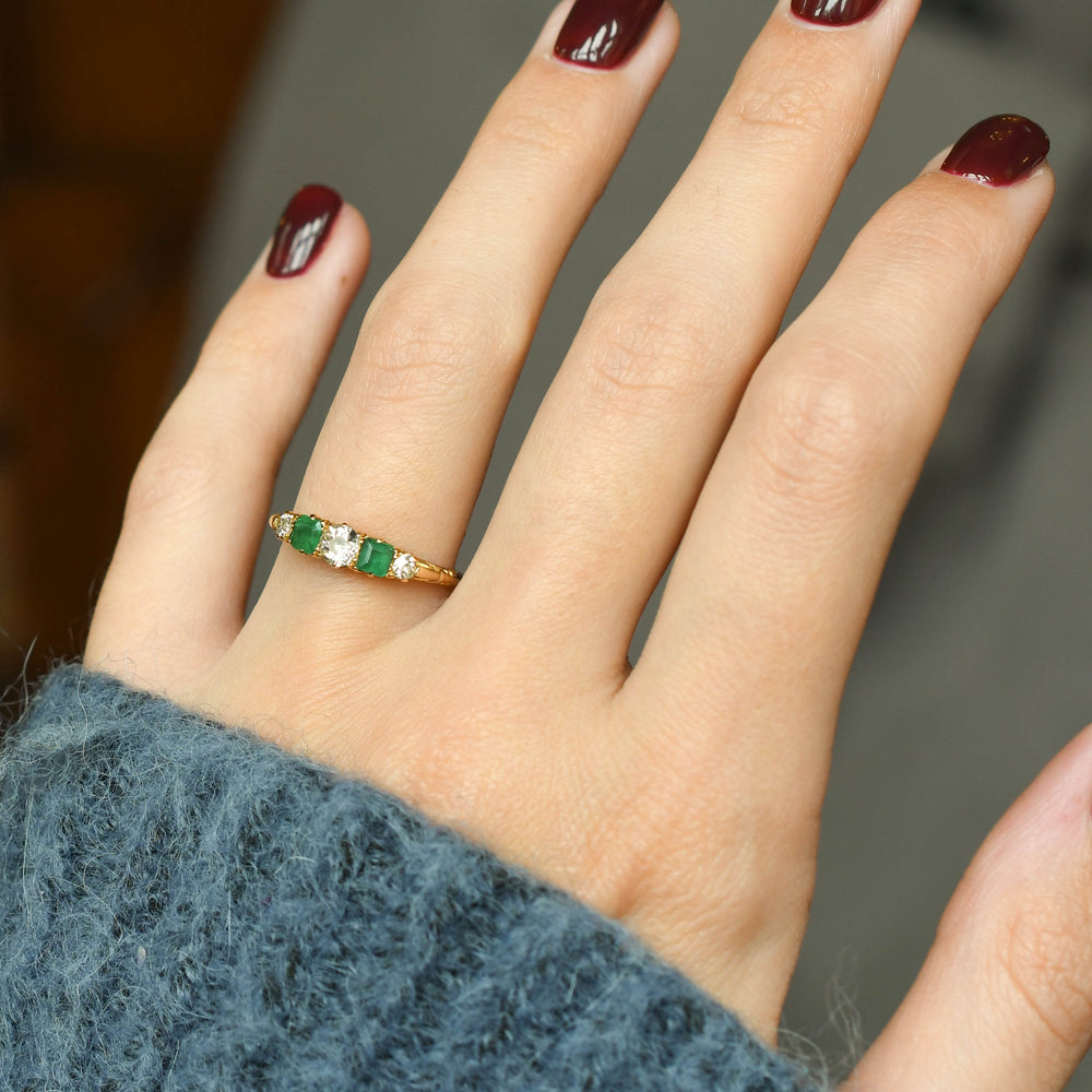 Victorian Emerald & Diamond 5-Stone Half Hoop Ring