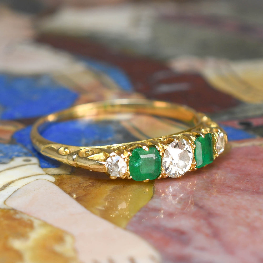 Victorian Emerald & Diamond 5-Stone Half Hoop Ring