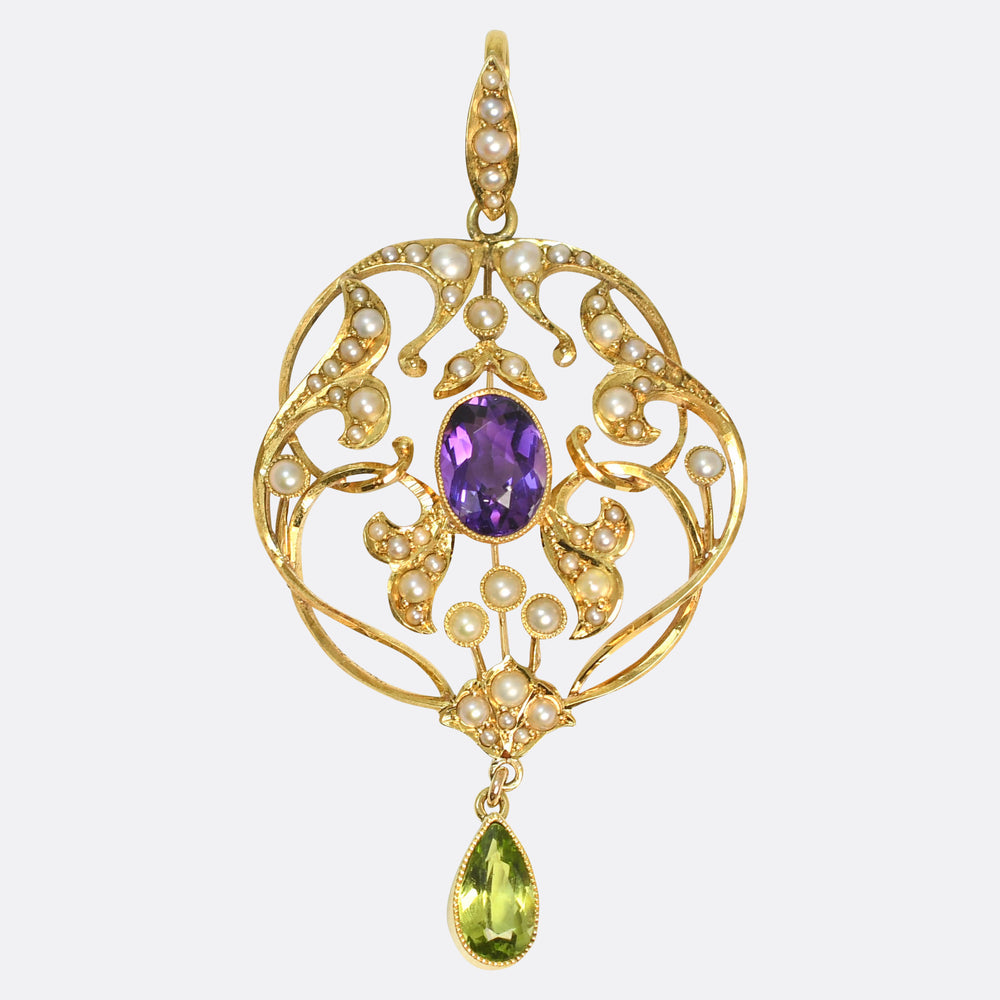 Antique Amethyst, Peridot & Pearl  Suffragette Pendant