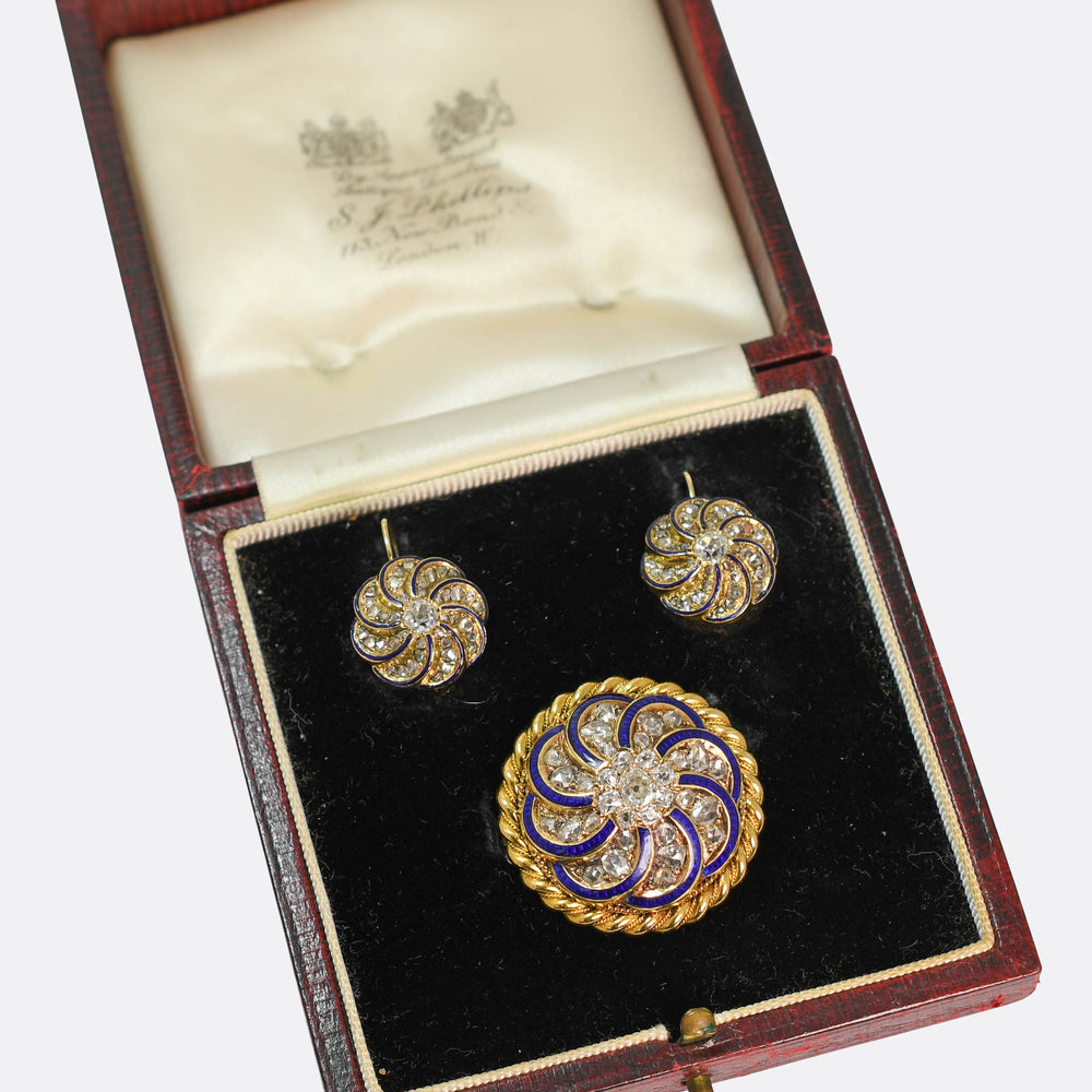 Antique Boxed Diamond & Enamel Cluster Demi-Parure