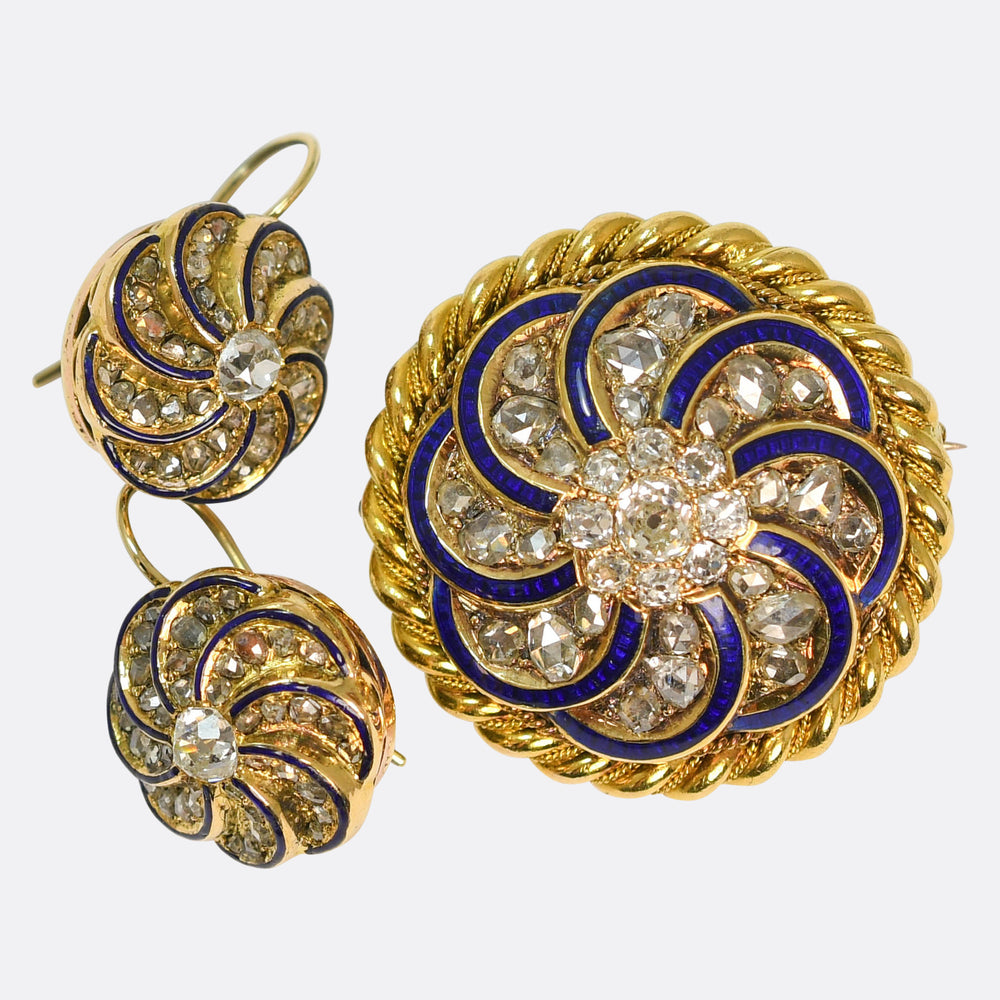Antique Boxed Diamond & Enamel Cluster Demi-Parure