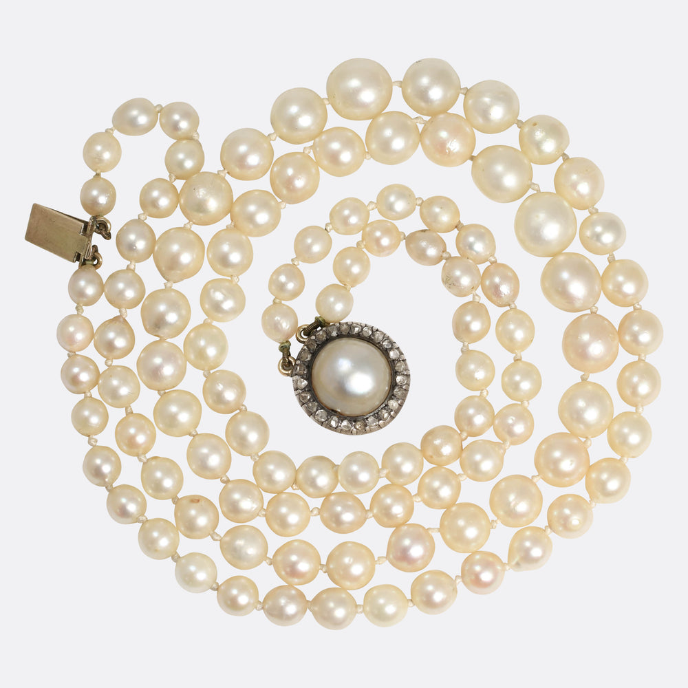Antique Cultured Pearl Necklace with Diamond Cluster Clasp
