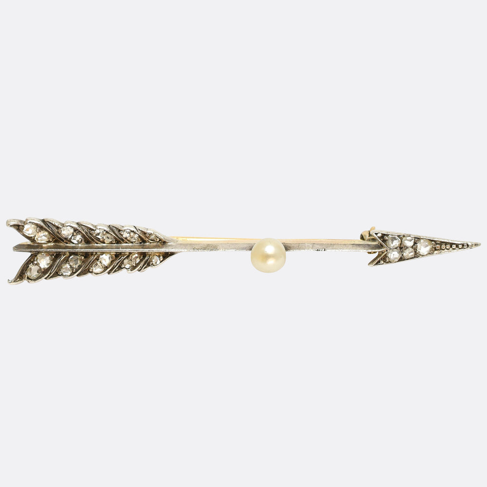 Antique Rose Cut Diamond & Pearl Arrow Brooch