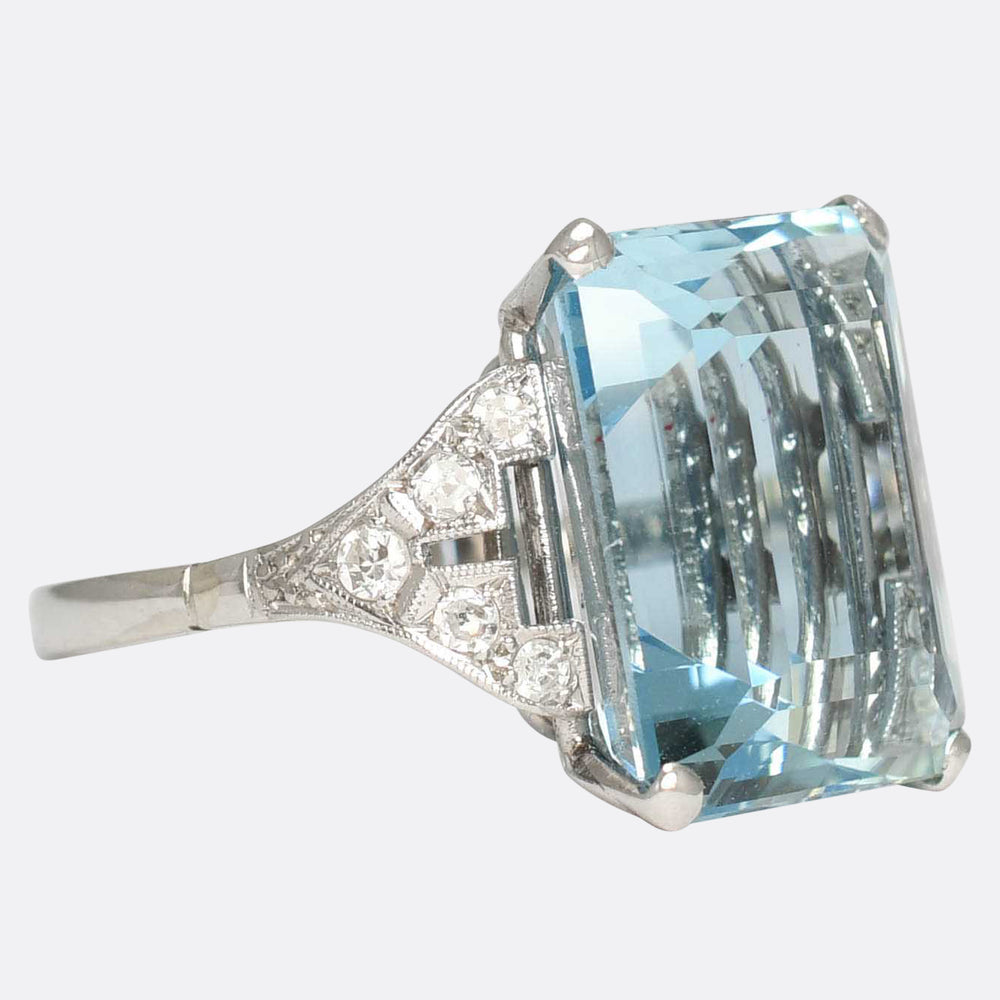 Art Deco 14.86ct Aquamarine & Diamond Cocktail Ring