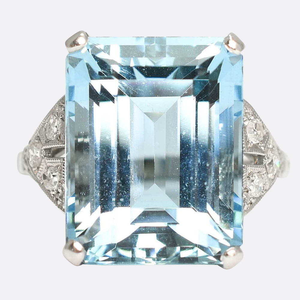 Art Deco 14.86ct Aquamarine & Diamond Cocktail Ring