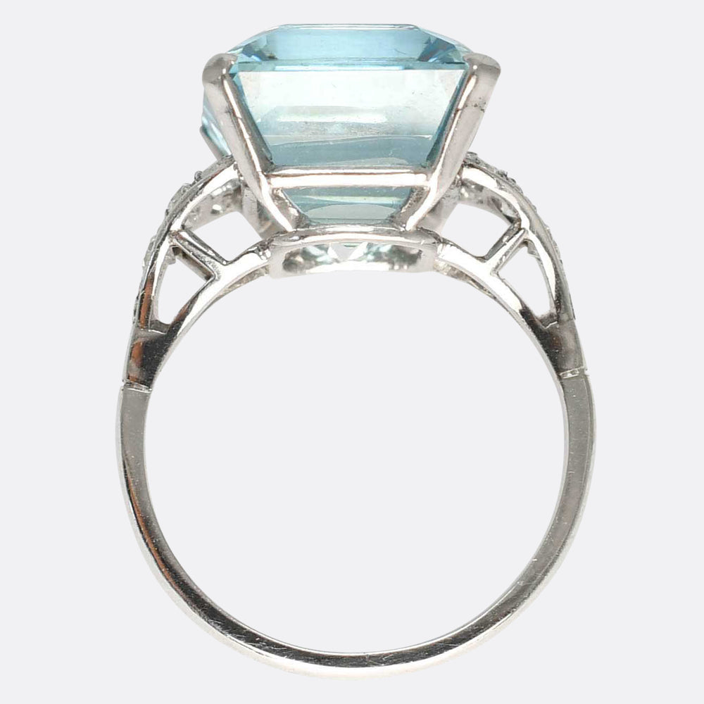 Art Deco 14.86ct Aquamarine & Diamond Cocktail Ring