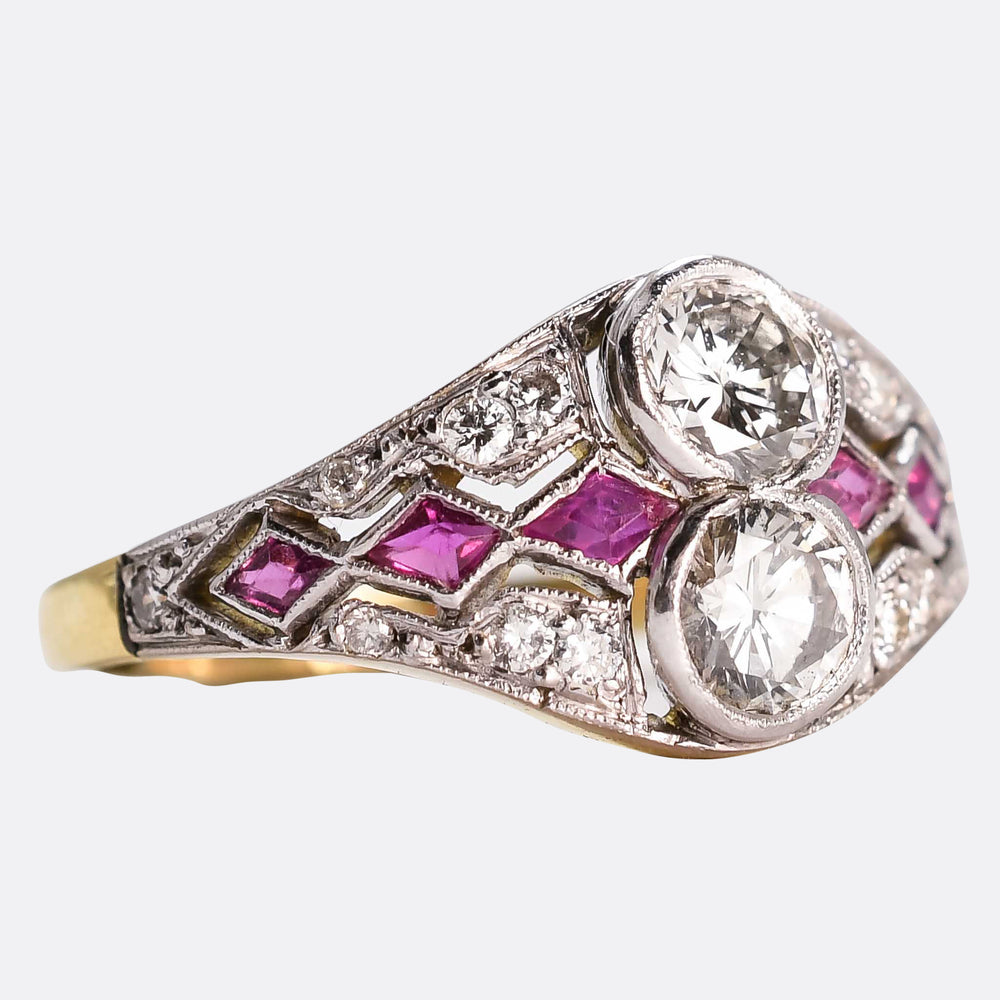 Art Deco 2-Stone Diamond & Ruby Cluster Ring