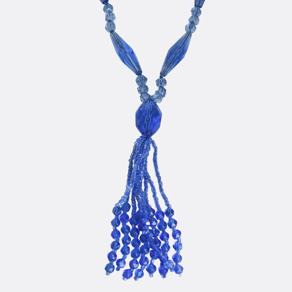 Art Deco Blue Glass Bead Sautoir Necklace