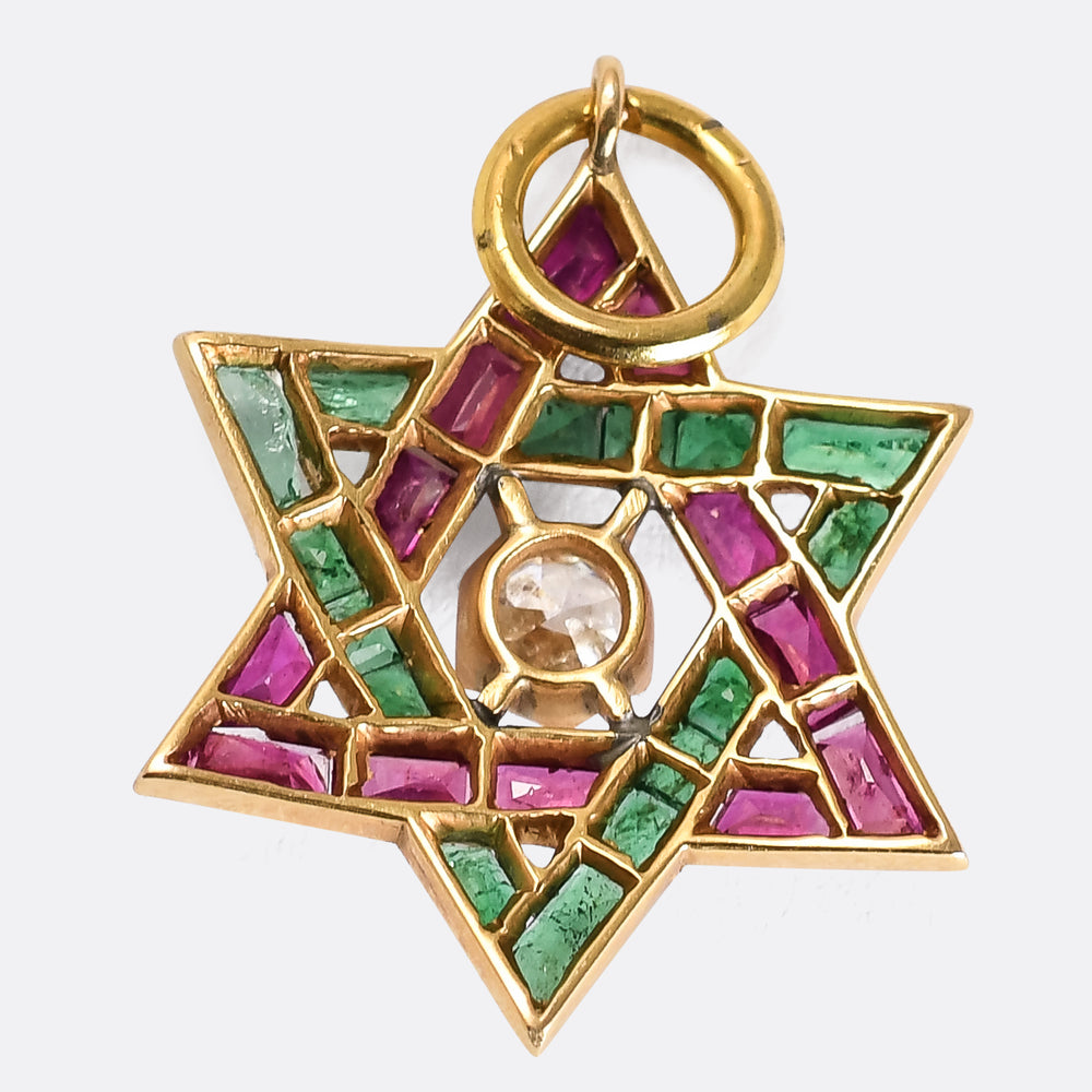 Art Deco Diamond, Emerald & Ruby Star Charm
