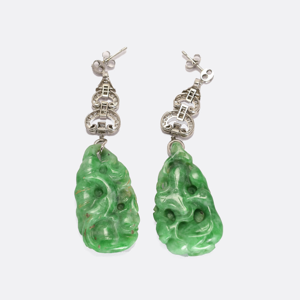 Art Deco Diamond & Jade Panel Earrings