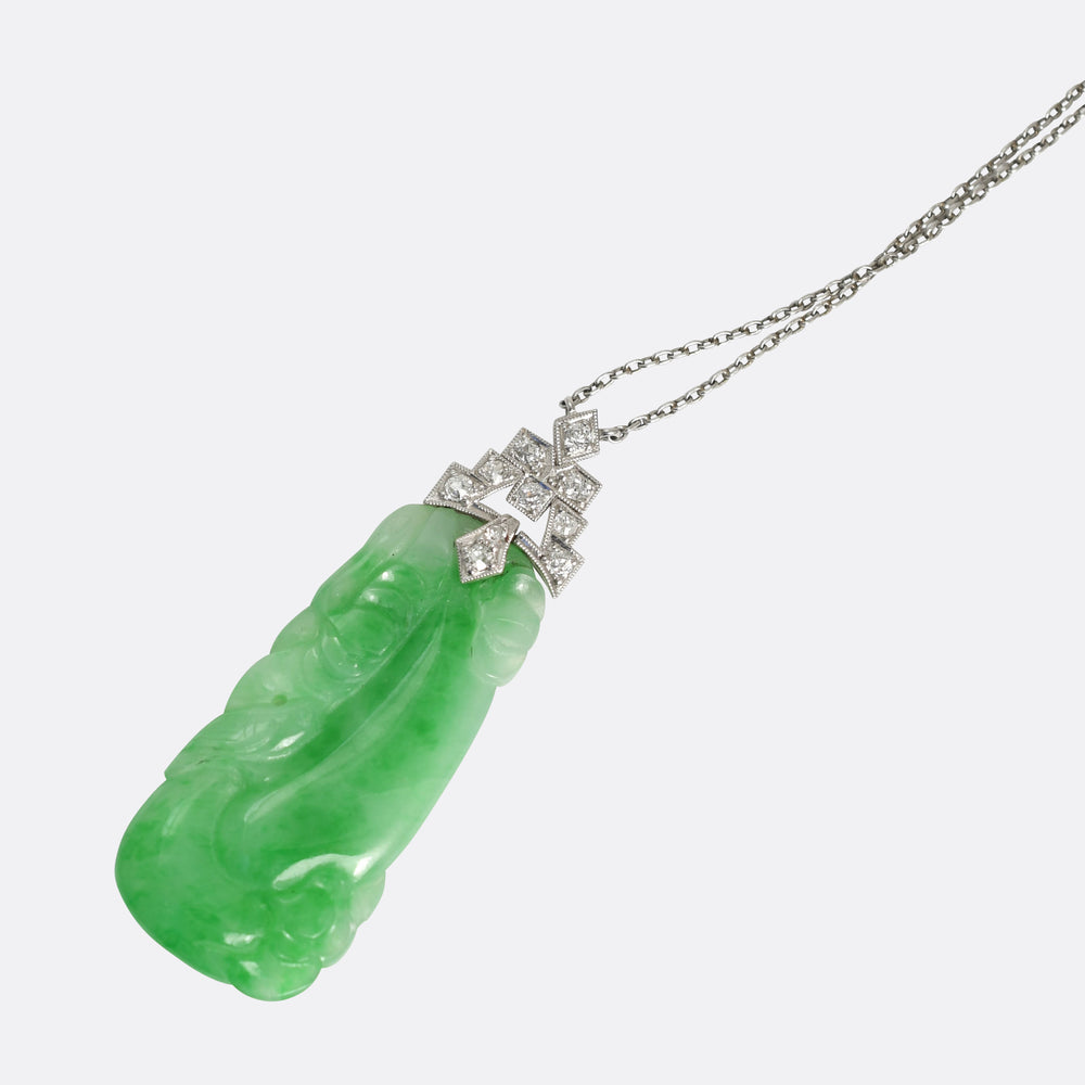 Art Deco Diamond & Jade Panel Platinum Necklace