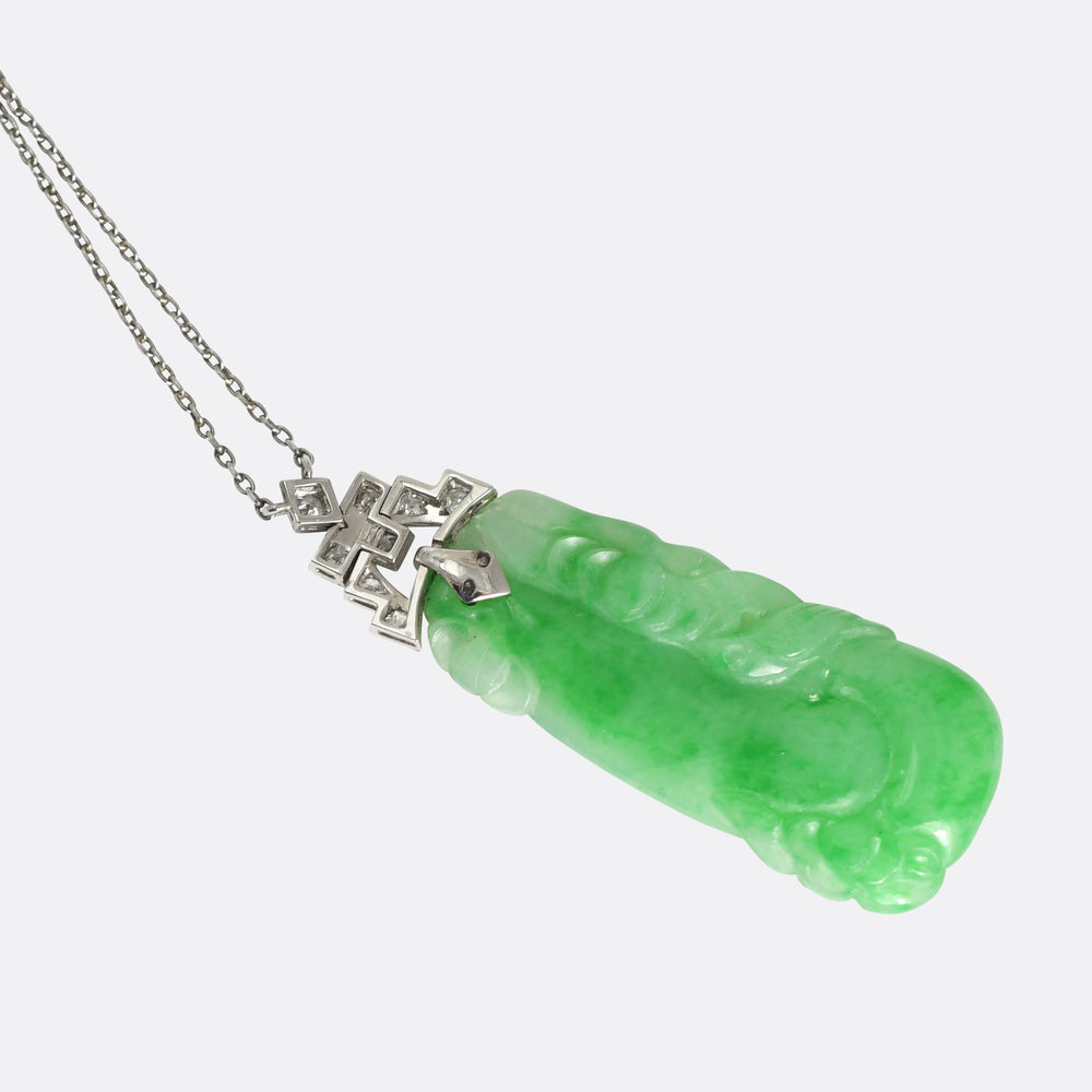 Art Deco Diamond & Jade Panel Platinum Necklace