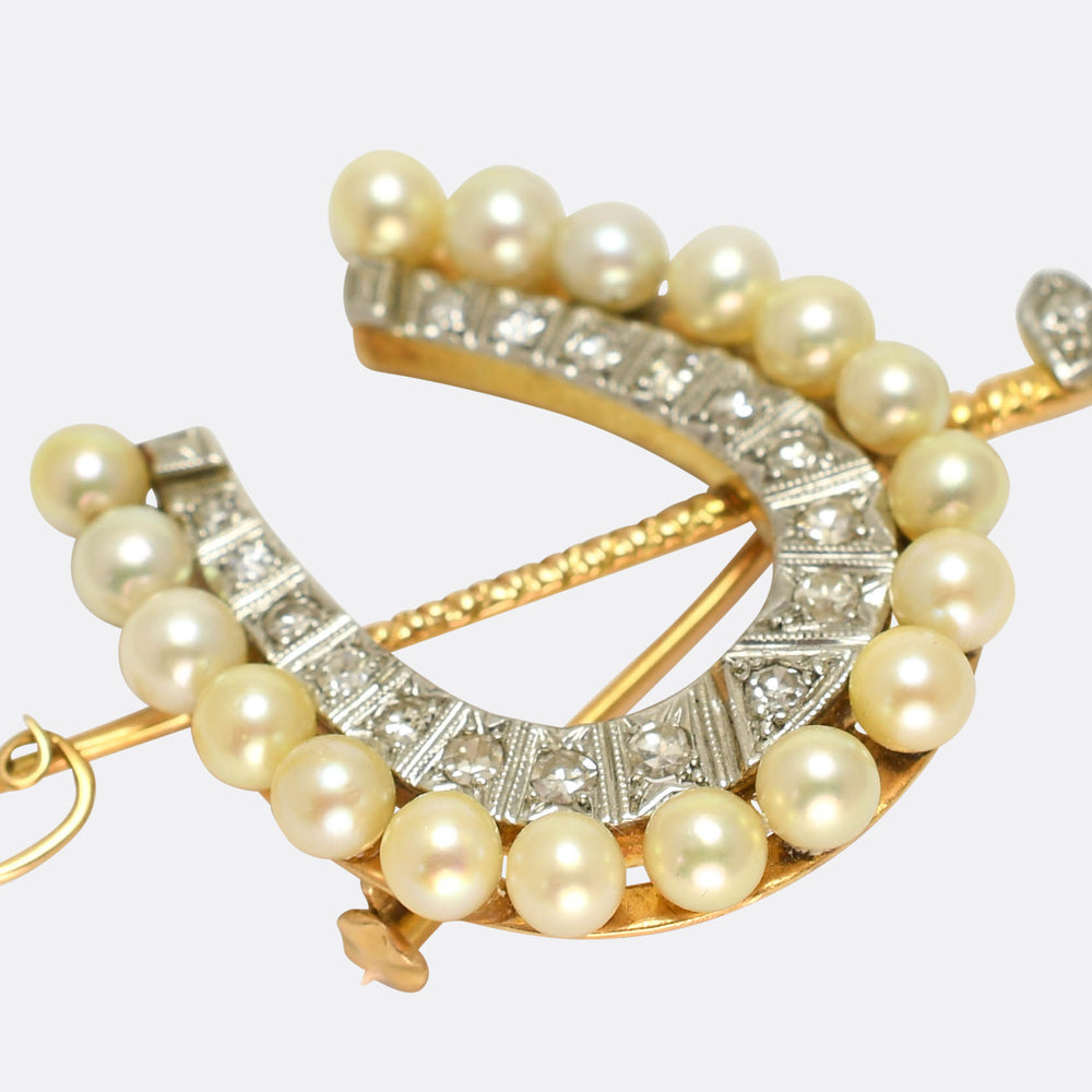 Art Deco Diamond & Pearl Horseshoe and Crop Brooch