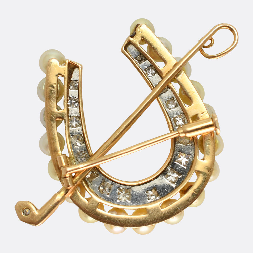 Art Deco Diamond & Pearl Horseshoe and Crop Brooch