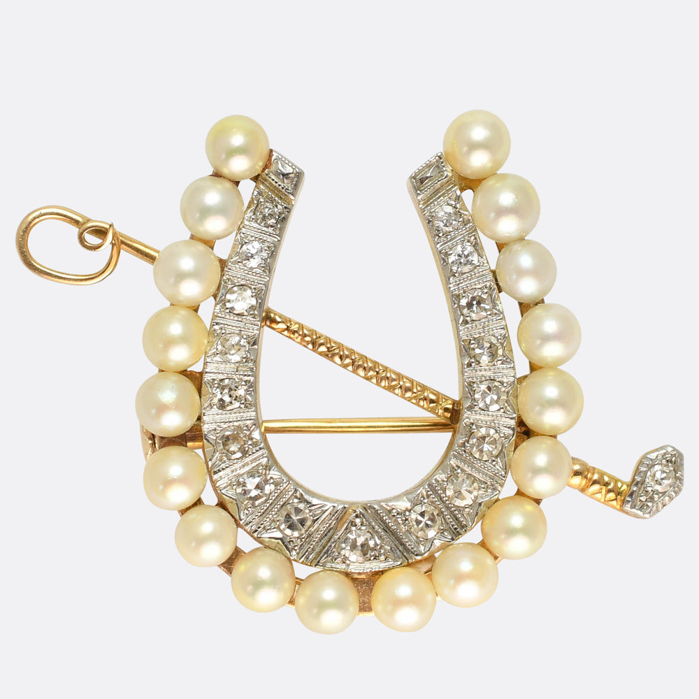 Art Deco Diamond & Pearl Horseshoe and Crop Brooch