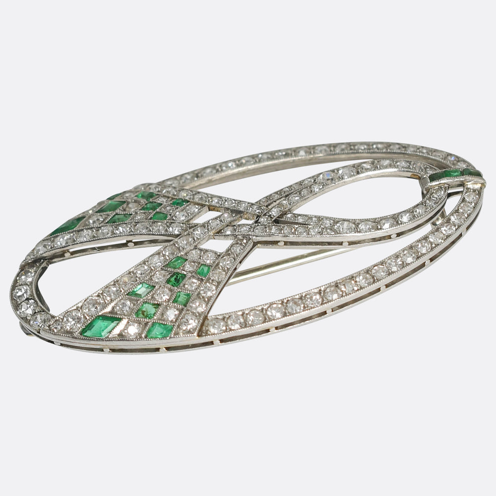 Art Deco Emerald & Diamond Ribbon Openwork Brooch