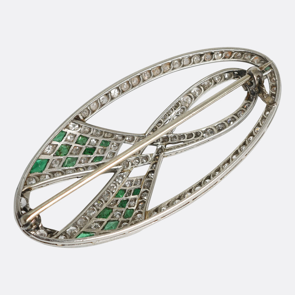 Art Deco Emerald & Diamond Ribbon Openwork Brooch