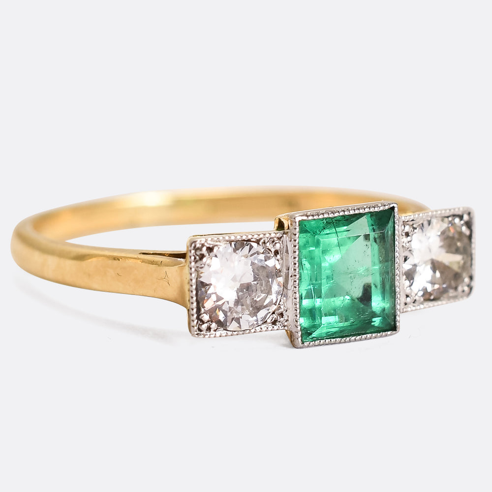 Art Deco Emerald & Diamond Three-Stone Ring