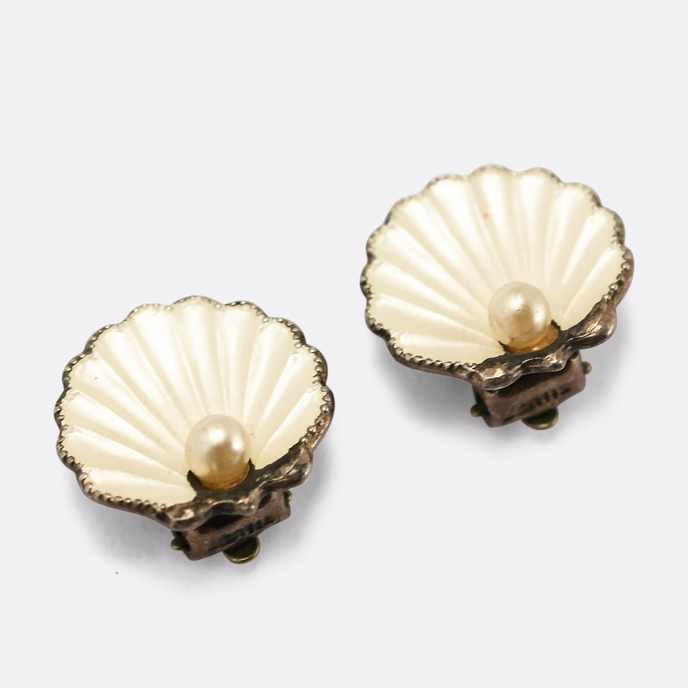 Art Deco Enamel & Pearl Scallop Shell Earrings