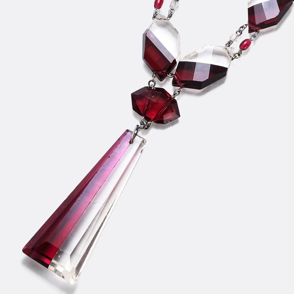 High Art Deco Red & White Glass Drop Necklace