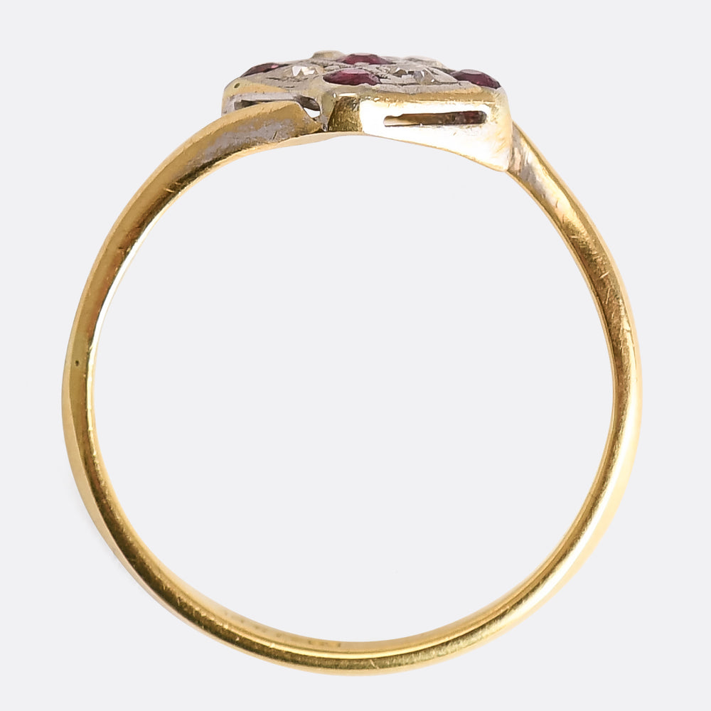 Art Deco Ruby & Diamond Square Cluster Crossover Ring