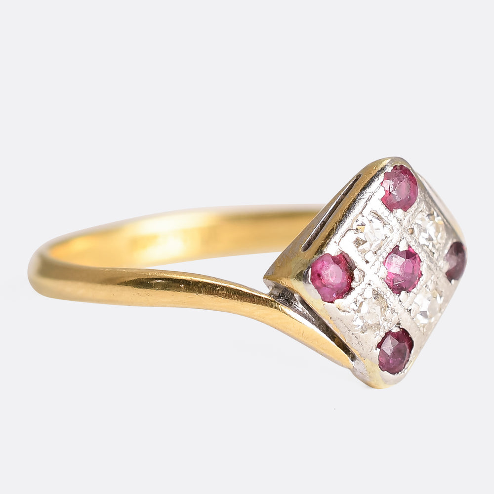 Art Deco Ruby & Diamond Square Cluster Crossover Ring