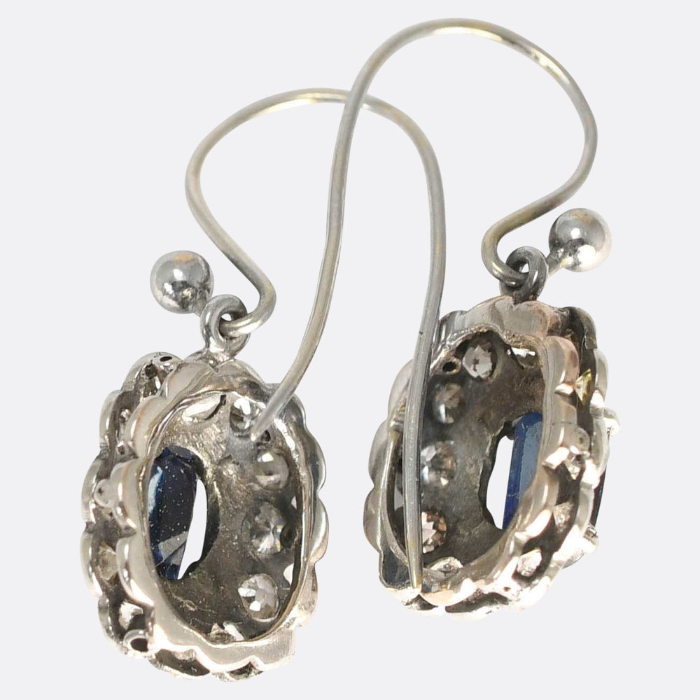 Art Deco Sapphire & Diamond Flower Cluster Drop Earrings