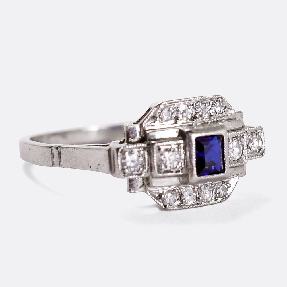 Art Deco Sapphire & Diamond Geometric Cluster Ring