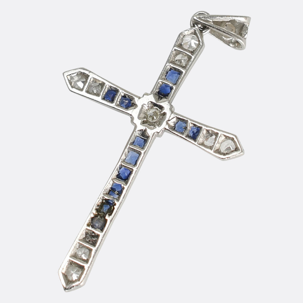 Art Deco Sapphire & Diamond Platinum Cross Pendant