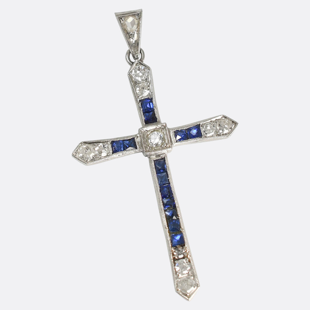Art Deco Sapphire & Diamond Platinum Cross Pendant