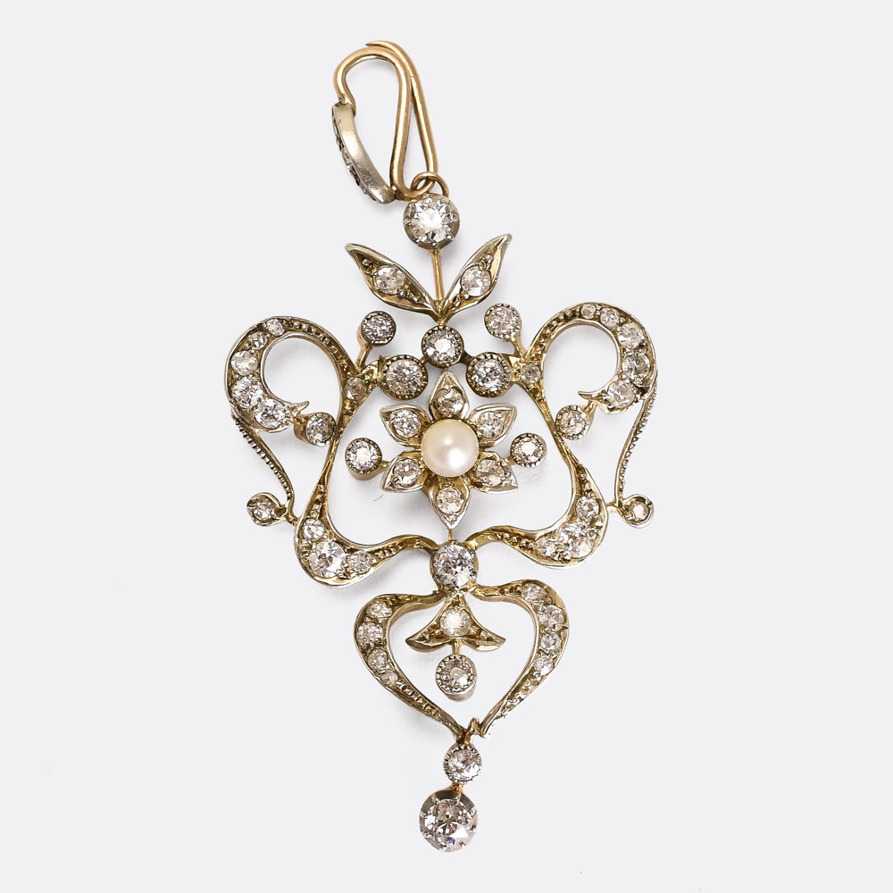 Art Nouveau Diamond & Pearl Lavaliere Pendant