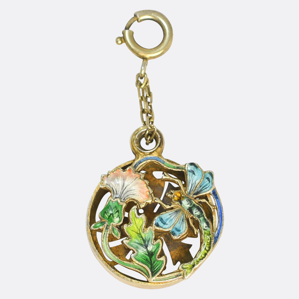 Art Nouveau Dragonfly Flower Enamel Vinaigrette Pendant