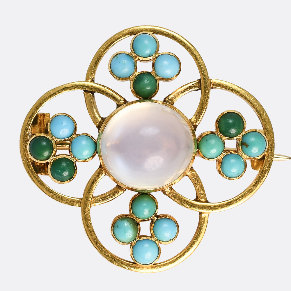 Art Nouveau Mrs. Newman Moonstone & Turquoise Brooch