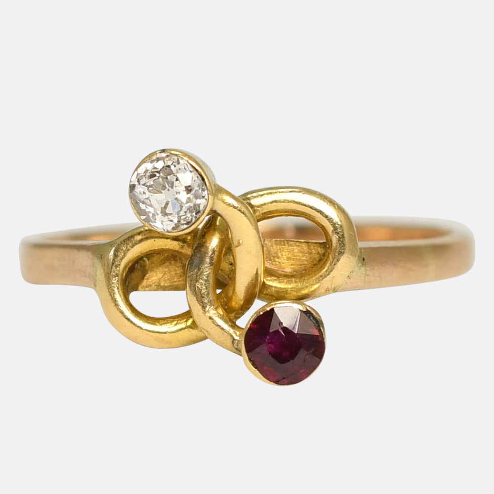 Art Nouveau Ruby & Diamond Lover's Knot Twist Ring