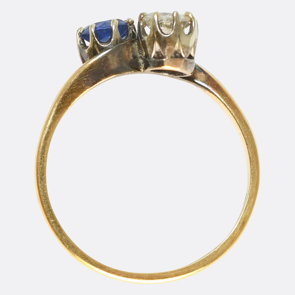 Art Nouveau Sapphire & Diamond Toi et Moi Crossover Ring