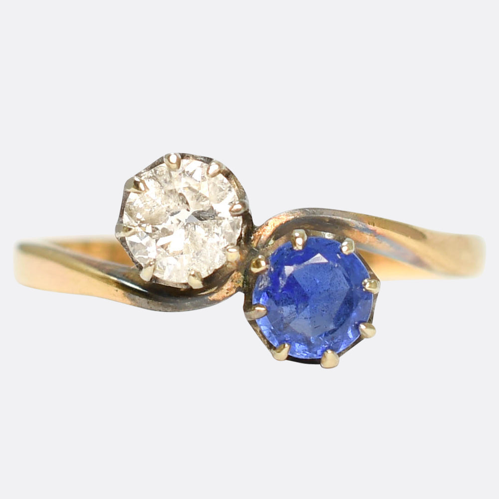 Art Nouveau Sapphire & Diamond Toi et Moi Crossover Ring